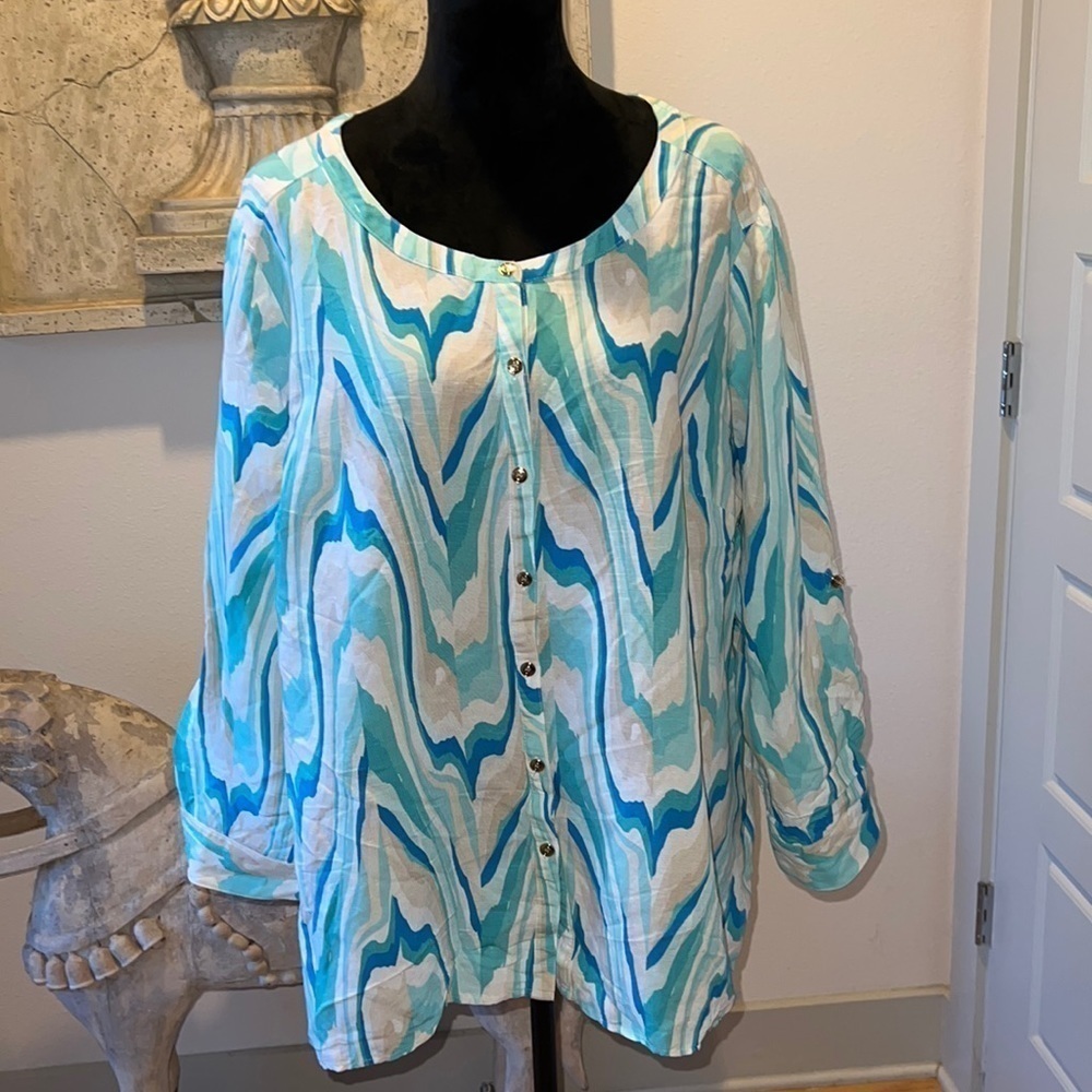 JM Collection aqua land sunsetโ print button down linen blend blouse top 3X